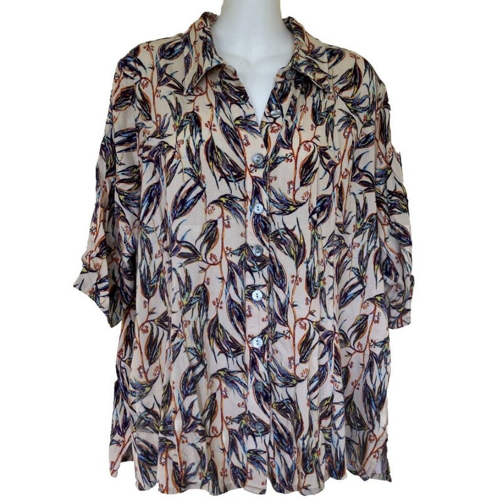 Blue Sky Linen Bamboo Button Up Women's Shirt Short Sleeve Blouse Floral